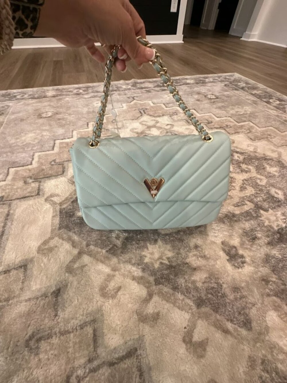 Valentino Orlandi Mint Green Quilted V-3009 Shoulder Bag with Gold Chain Strap